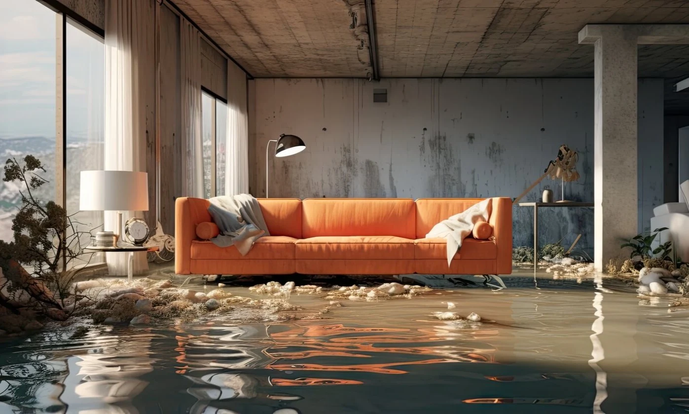 Flooded living room with water damage.