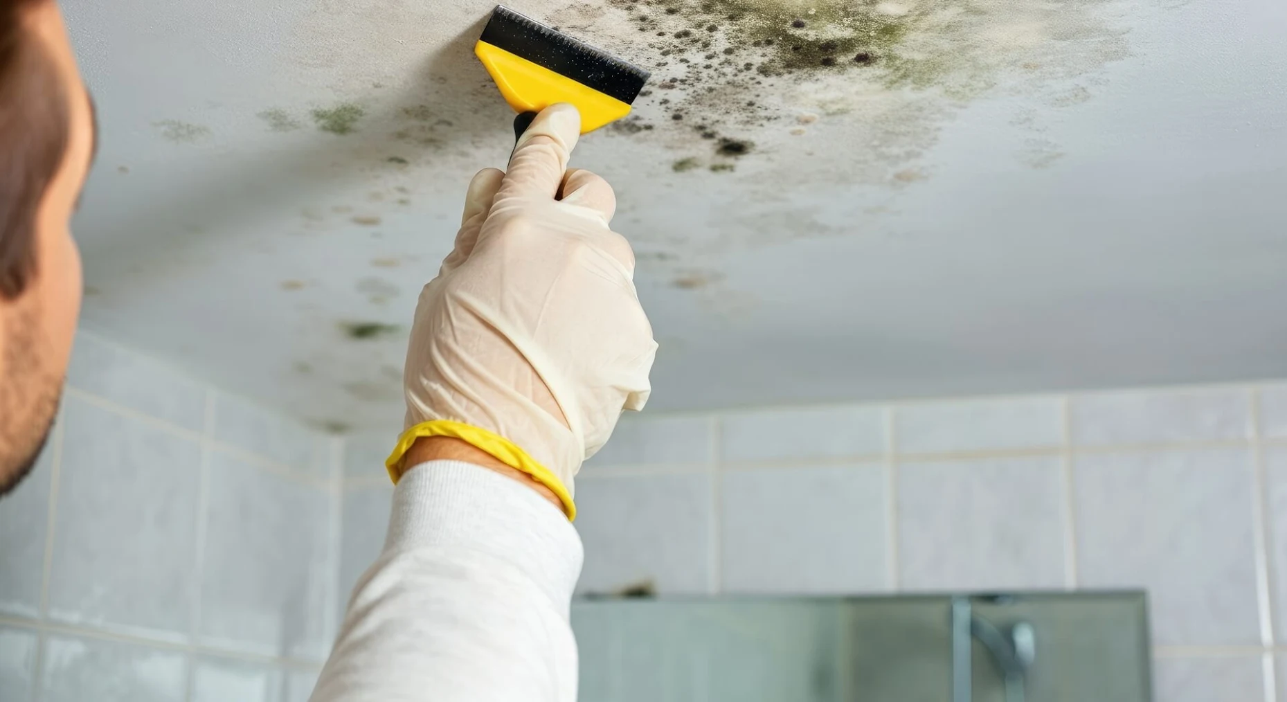 Mold being cleaned from a ceiling.