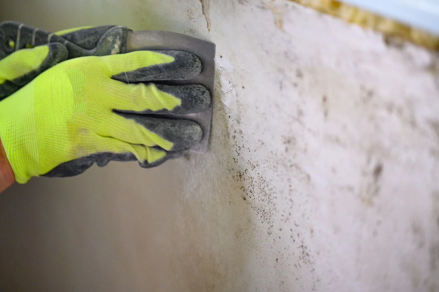 Worker cleaning mold from a wall.