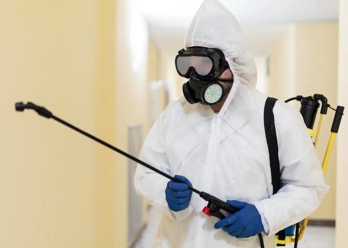Mold remediation technician in protective gear.