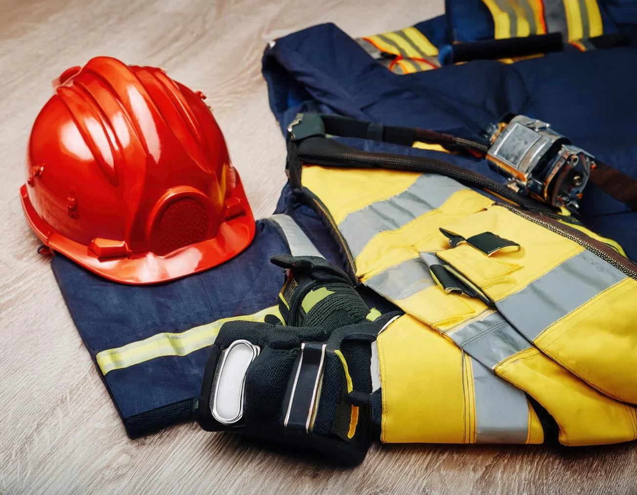 Firefighter protective gear and helmet.