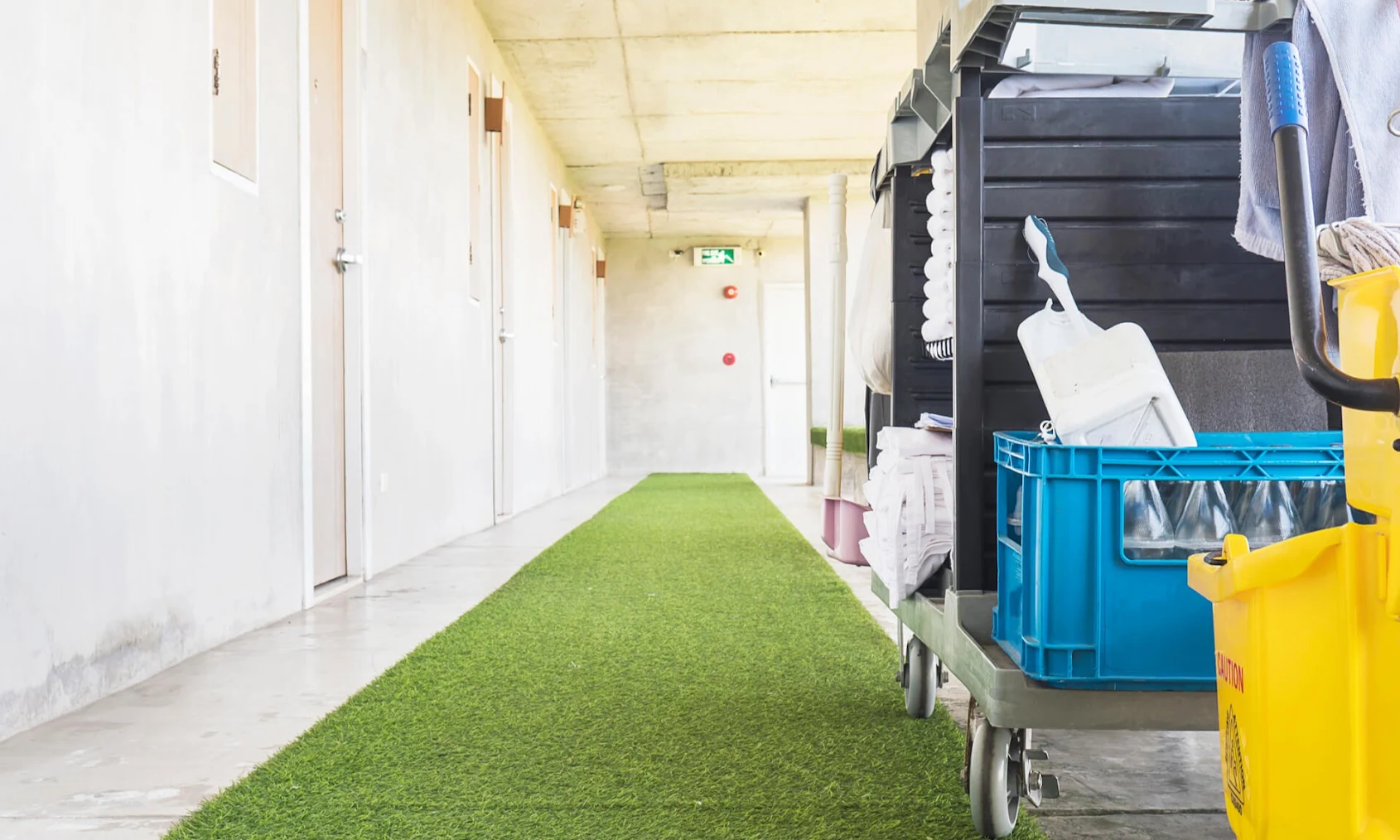 Cleaning equipment cart on a green corridor.